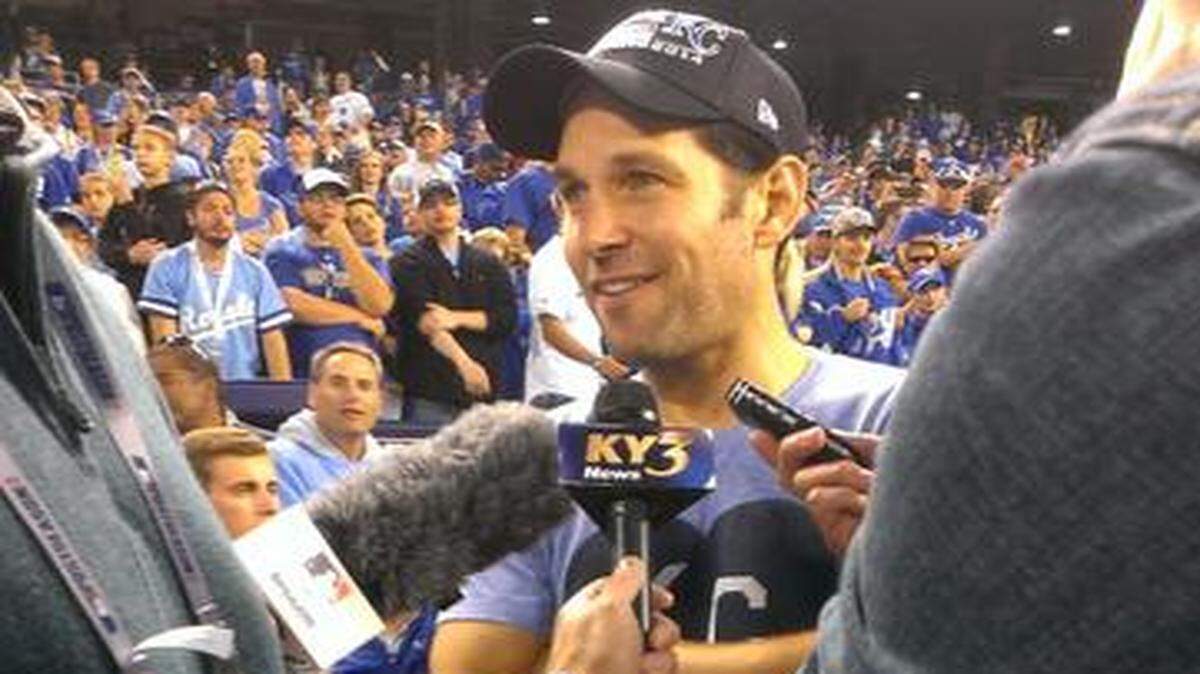 
Actor Paul Rudd, who grew up in Overland Park, was at game four of the American League Championship Series and was thrilled to see the Royals win. “I can’t believe it,” Rudd said with a smile. “This is incredible.”
