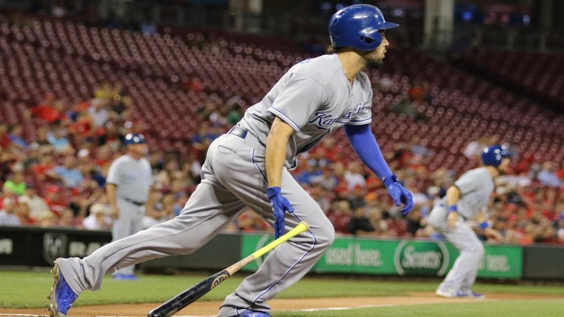 
Royals first baseman Eric Hosmer’s first-inning single scored Ben Zobrist from third base Wednesday night in Cincinnati. The Royals went on to beat the Reds 4-3 to sweep the two-game interleague series.
