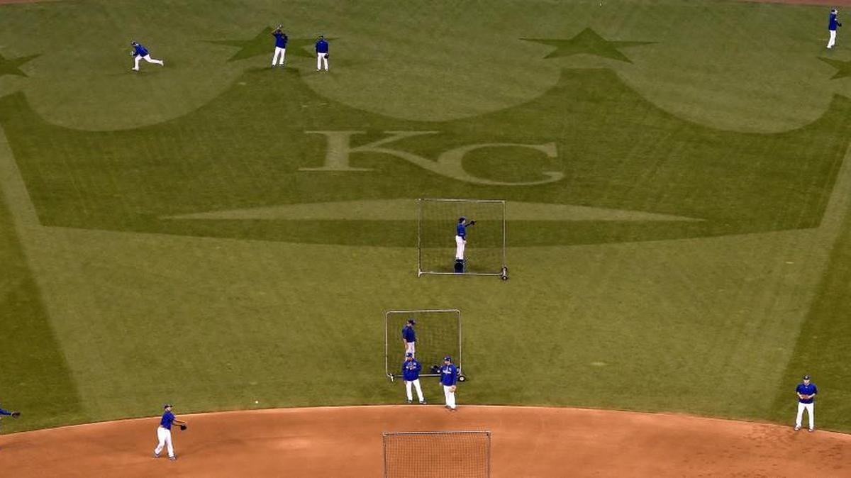 Royals players practiced Sunday at Kauffman Stadium on a field with a freshly cut crown in the outfield. The Royals will take the field Tuesday night against the Mets.