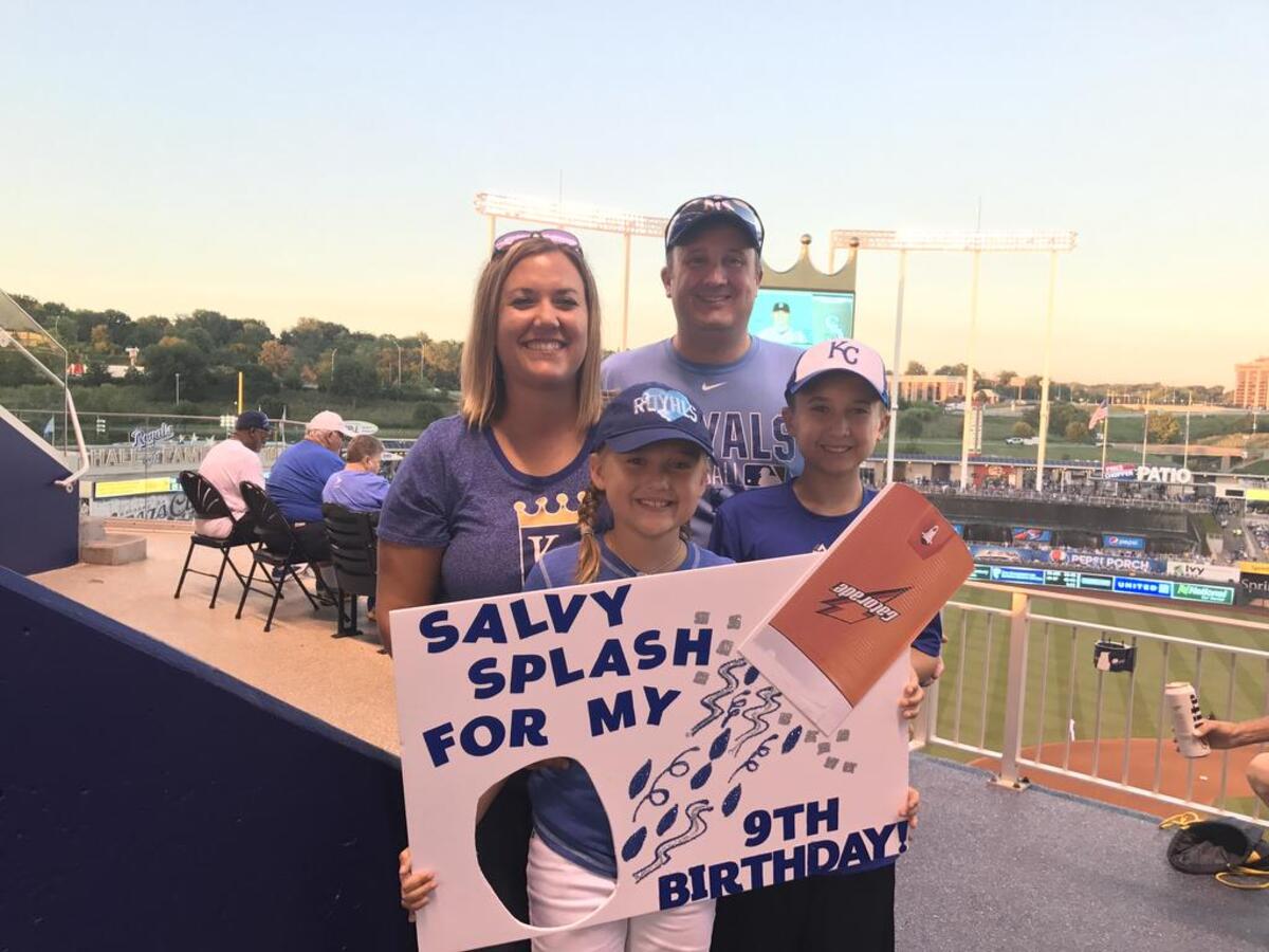Lily Brown, a 9-year-old from Kansas City, and her mother, Kara, made a Salvy Splash poster to celebrate her birthday in August. She did not appear on the Kauffman Stadium video board during the Salvy Splash segment that night.