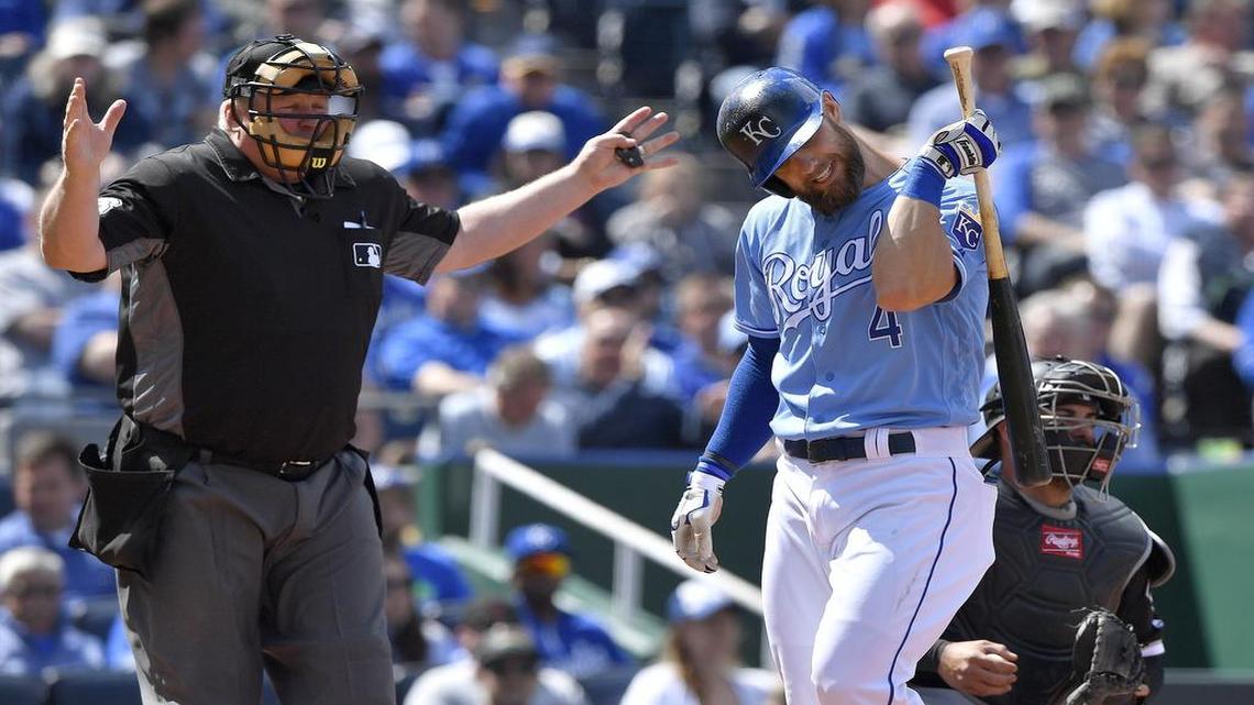 The Royals’ Alex Gordon checked his elbow after being hit by a pitch on Thursday afternoon at Kauffman Stadium.