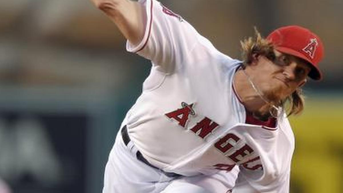 
Starting pitcher Jered Weaver pitched during the second inning Thursday night in Anaheim against the Royals.
