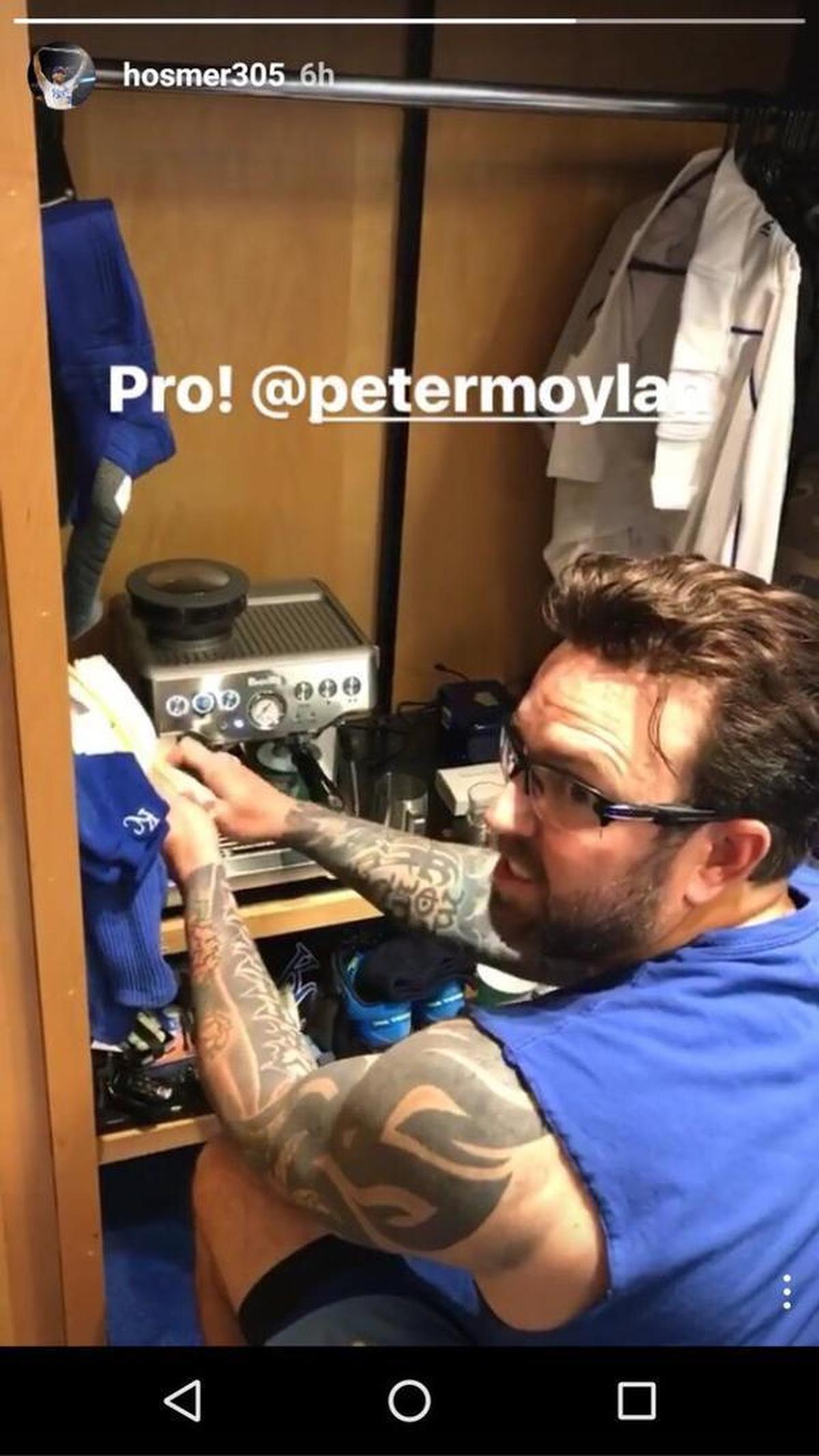 Royals first baseman Eric Hosmer posted this image of Peter Moylan using an espresso machine his purchased for the clubhouse on his Instagram account.