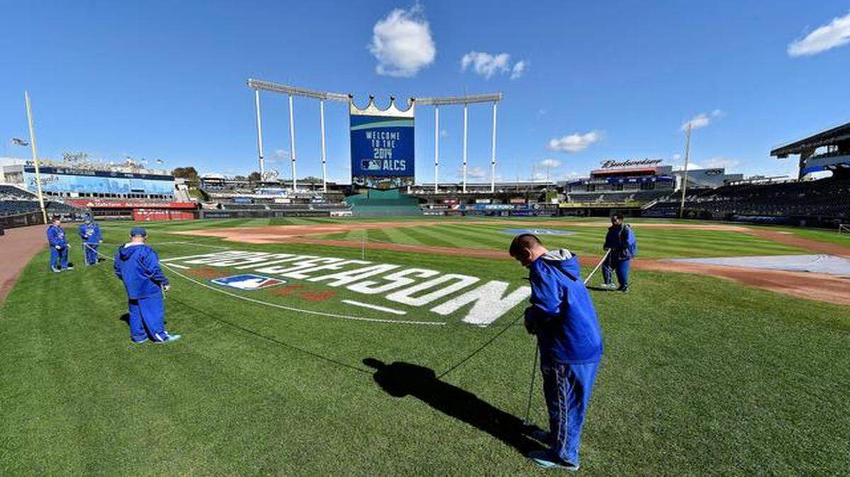 
Under a sunny sky, the Royals grounds crew made final preparations before batting practice for Tuesday’s ALCS baseball game against the Baltimore Orioles at Kauffman Stadium.
