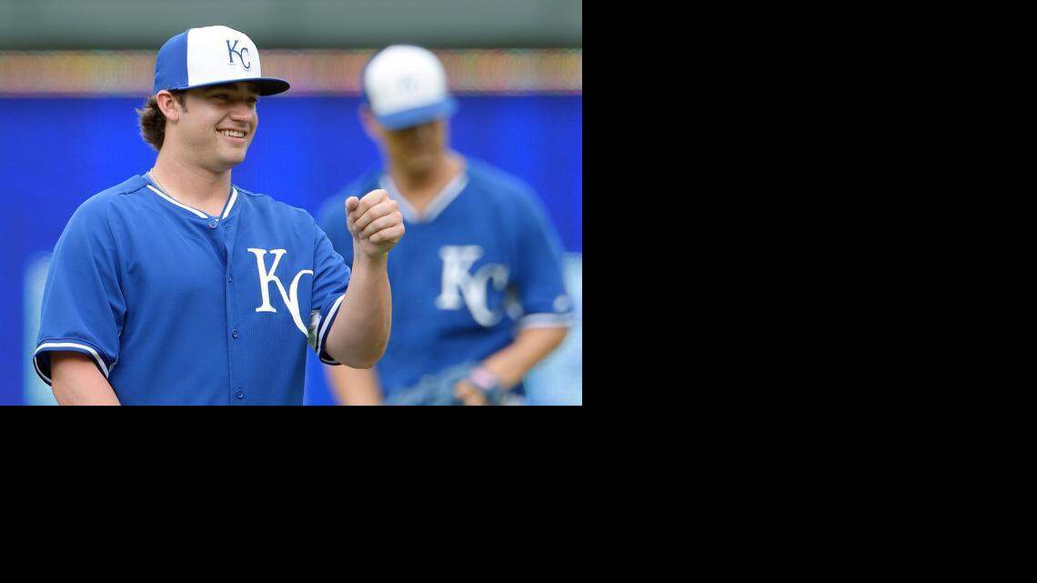 
Royals relief pitcher Brandon Finnegan (27) was at batting practice after being called up from the minors before Monday's baseball game against the Texas Rangers at Kauffman Stadium.
