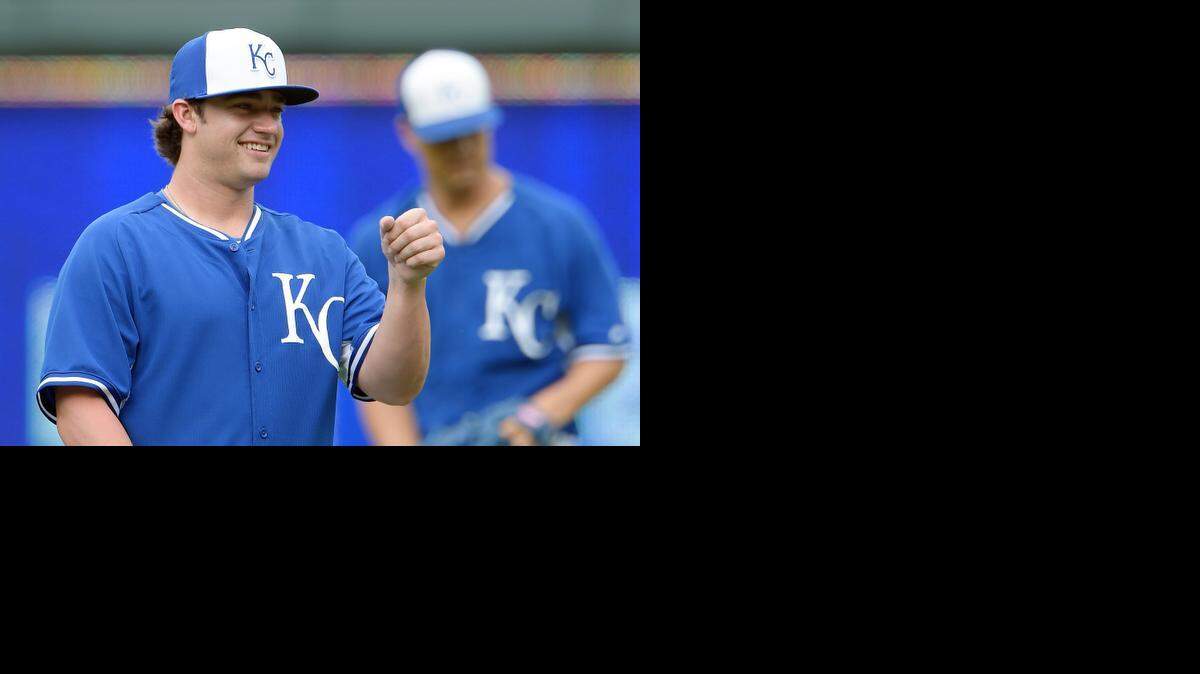 
Royals relief pitcher Brandon Finnegan (27) was at batting practice after being called up from the minors before Monday's baseball game against the Texas Rangers at Kauffman Stadium.

