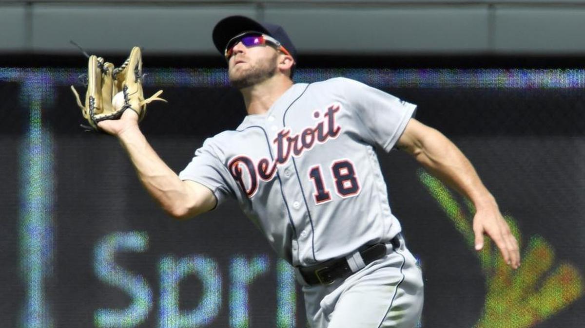 Detroit Tigers center fielder Tyler Collins caught a fly ball during a game at Kauffman Stadium in 2016.