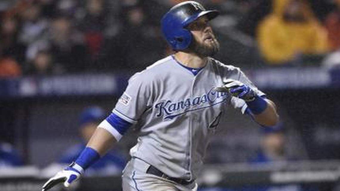 
Alex Gordon hit a solo home run in the 10th inning against the Baltimore Orioles in game one of the American League Championship Series on Friday.
