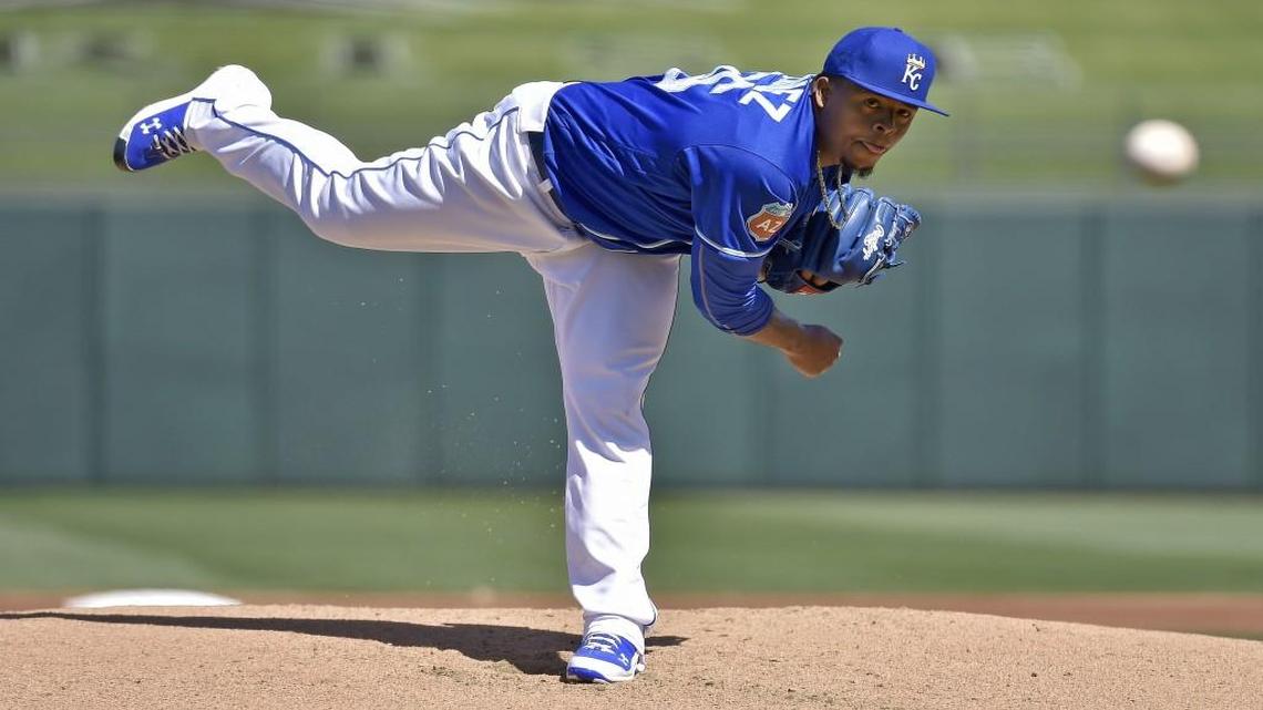 Royals starting pitcher Edinson Volquez throws March 8 during a spring training baseball game against the Rockies in Surprise, Ariz.