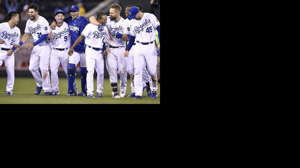 The Royals celebrate their 4-3 win over the White Sox on Monday Kauffman Stadium.