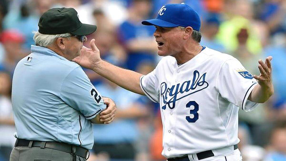 
Kansas City Royals manager Ned Yost tried to argue a ruling by umpire Larry Vanover that resulted in Salvador Perez being called out for not tagging up before trying to score in the sixth inning of Saturday’s game.
