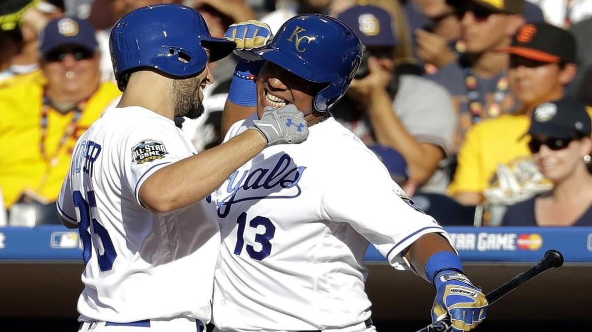 After hitting a home run in the All-Star Game, Eric Hosmer greeted teammate Salvador Perez.