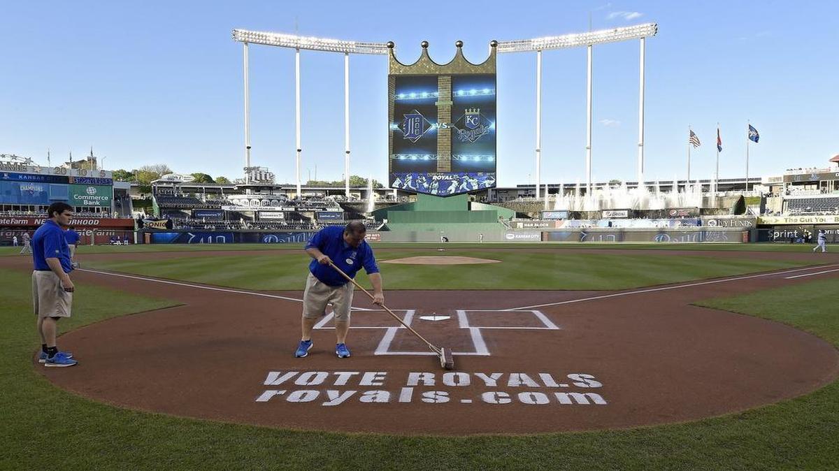 
The Royals’ grounds crew prepared the field, including an advertisement for All-Star Game voting, before a game against the Detroit Tigers in April.

