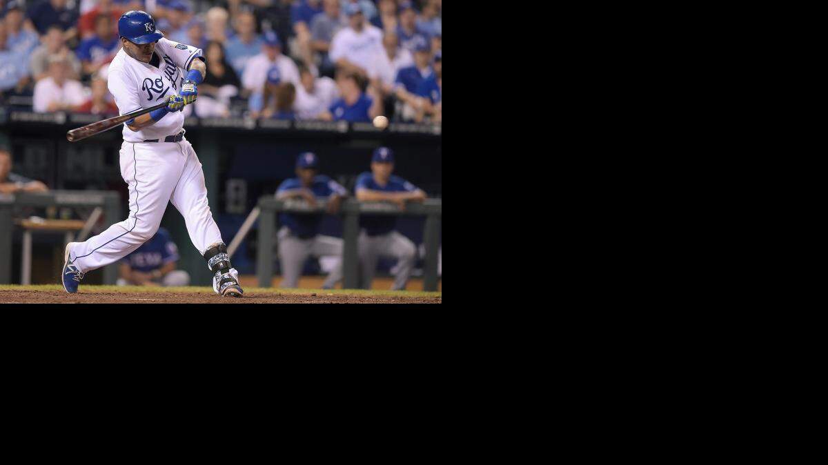 
Salvador Perez connected on an RBI single to score Jarrod Dyson from third base in the eighth inning against the Texas Rangers on Tuesday night at Kauffman Stadium. It turned out to be the winning run as the Royals won 2-1.

