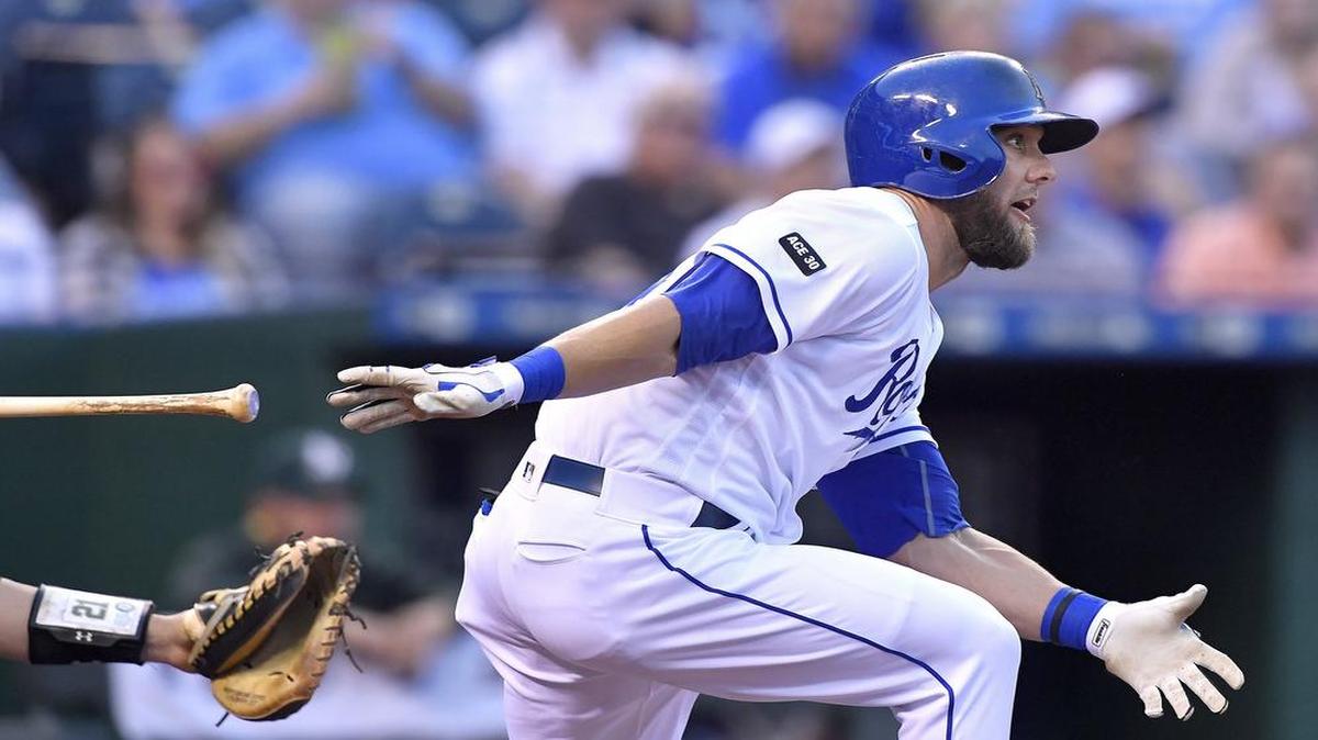 Alex Gordon followed through on a single against Oakland on April 13.