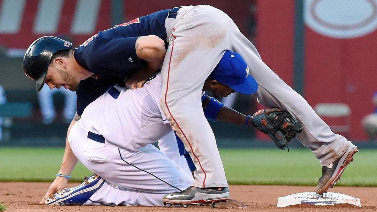 
Royals shortstop Alcides Escobar (2) tags out the Red Sox's Blake Swihart (23) trying to steal second in the fourth inning of Friday's baseball game at Kauffman Stadium.
