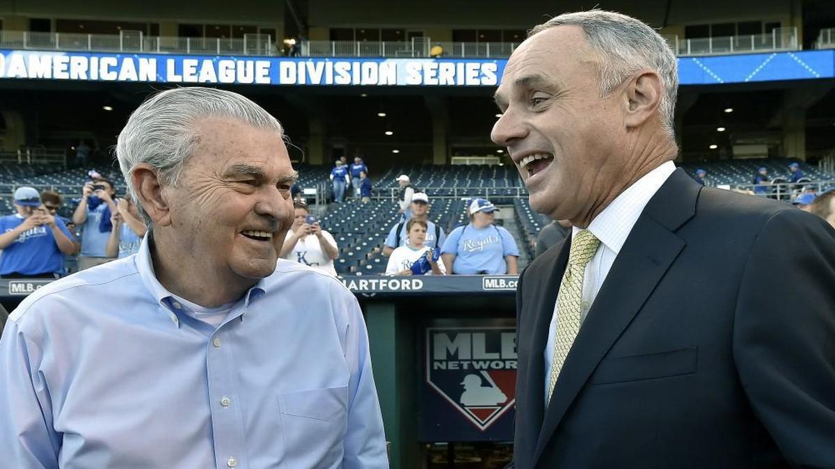 One of the last times MLB commissioner Rob Manfred (right) was in KC, he took in the ALDS game between the Royals and the Houston Astros with Royals owner David Glass.