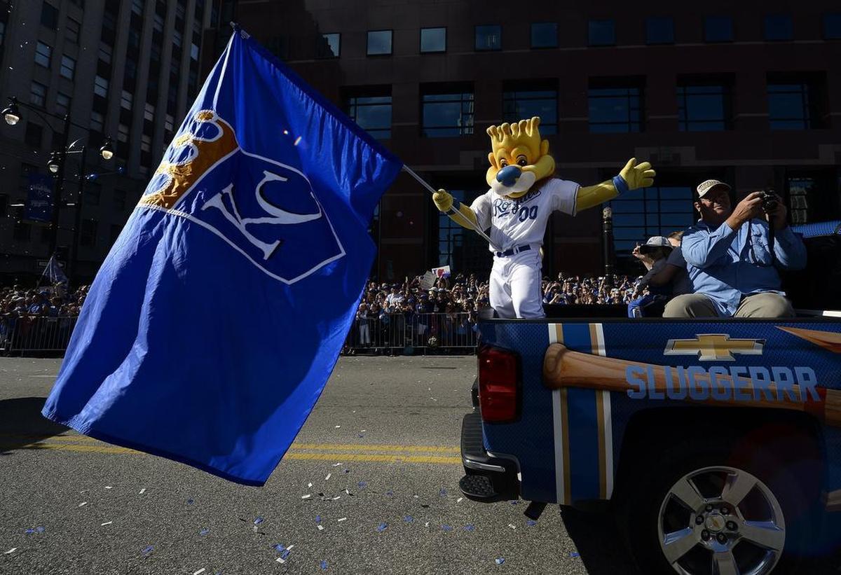 Royals mascot Sluggerrr rode up Grand Boulevard on Tuesday, Nov. 3, 2015, during the team’s World Series victory parade.