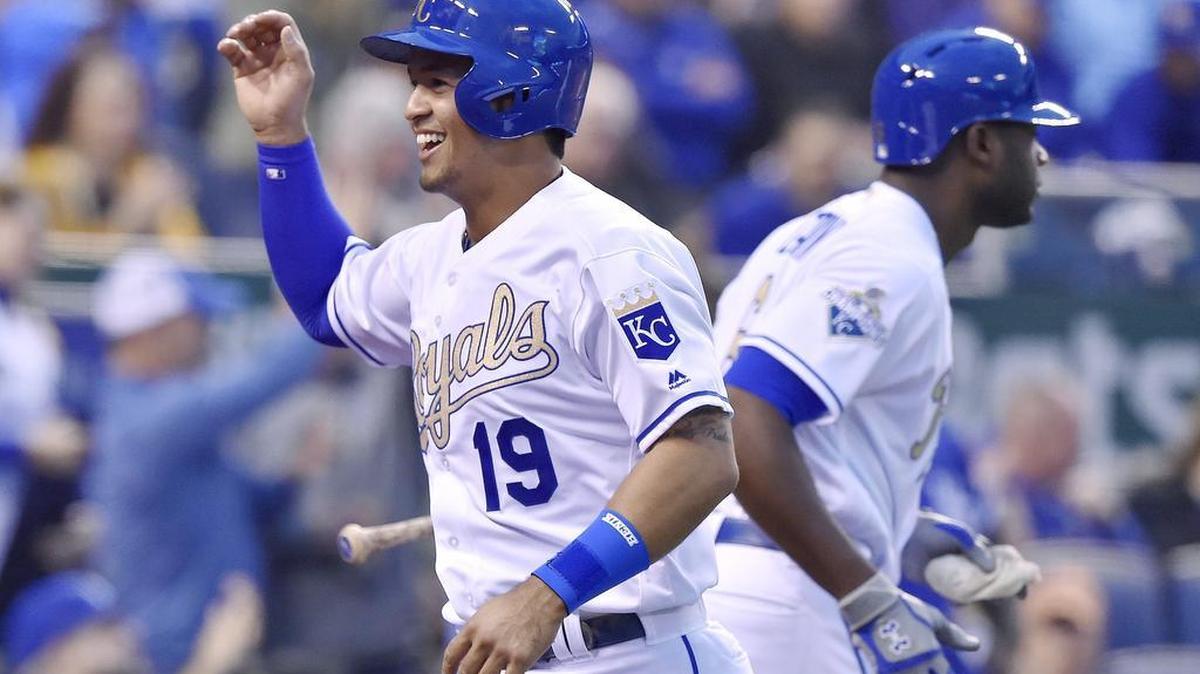 Kansas City Royals' Cheslor Cuthbert celebrates scoring on a single by Alcides Escobar in the second inning during Friday's baseball game against the Atlanta Braves on May 13, 2016 at Kauffman Stadium in Kansas City, Mo.