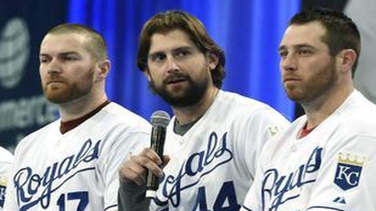 
Luke Hochaver (center) answers questions on stage as he sits between (from left) pitchers Kris Medlen, Wade Davis, Greg Holland and Luis Coleman during Friday’s Kansas City Royals Fanfest at Bartle Hall.
