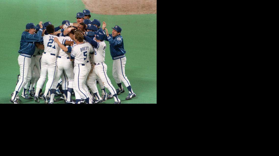 
The Royals celebrate their 1985 World Series Triumph over the St. Louis Cardinals, converging on the pitcher’s mound.
