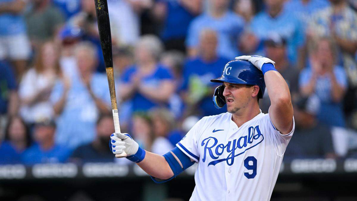 Kansas City Royals’ Vinnie Pasquantino comes to the plate for his first at-bat in the majors, during the second inning of the team’s baseball game against the Texas Rangers, Tuesday, June 28, 2022, in Kansas City, Mo. He hit into a double play.