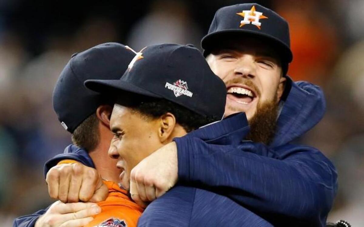 
Houston relief pitcher Luke Gregerson (left) center fielder Carlos Gomez, and starting pitcher Dallas Keucel celebrated after the Astros shut out the New York Yankees 3-0 in the American League Wild Card game at Yankee Stadium in the Bronx. Houston will face the Royals in an American League Division Series starting Thursday night at Kauffman Stadium.
