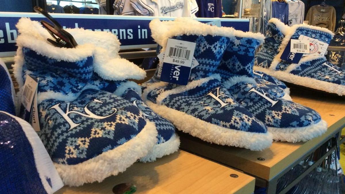 Plush Royals booties for sale at the Royals Team Store at Kauffman Stadium.