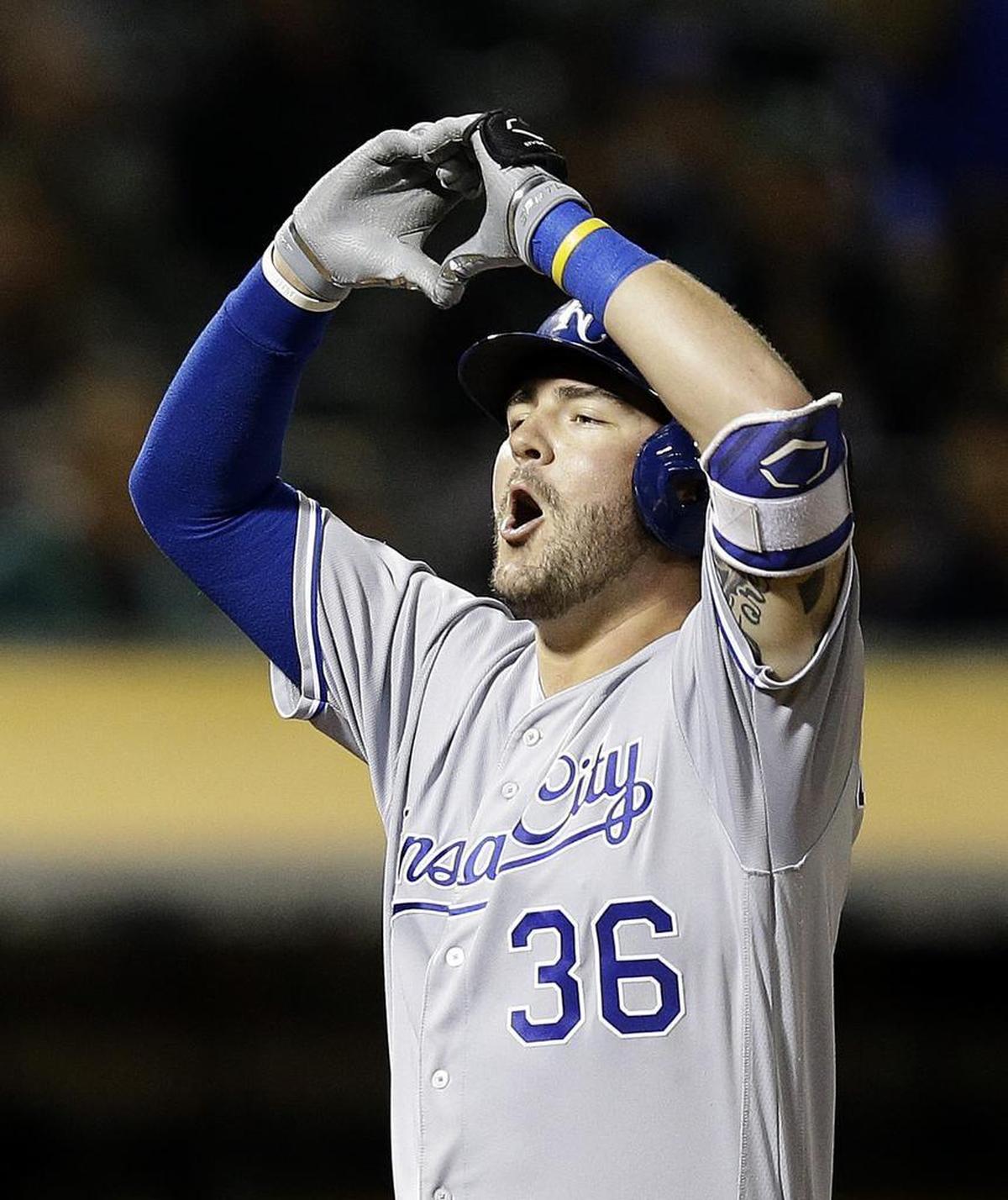 Royals rookie Cam Gallagher learned from his teammates how to celebrate hitting a grand slam off Oakland’s Jharel Cotton on Monday, Aug. 14, 2017.