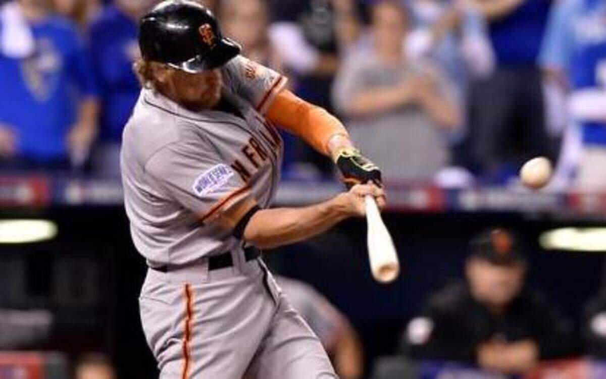 
San Francisco Giants right fielder Hunter Pence hit a two-run home run in the first inning of game one of the World Series on Tuesday, October 21, 2014, at Kauffman Stadium in Kansas City, Mo.
