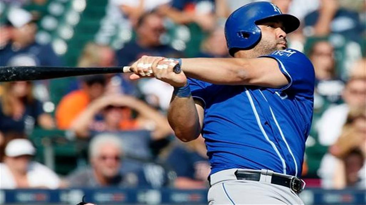 
The Royals' Kendrys Morales (25) hits a solo homer, his third of Sunday’s baseball game against the Tigers, during the eighth inning at Comerica Park in Detroit.
