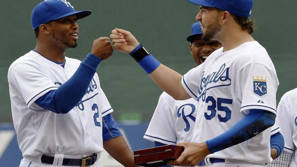 Royals players, including first baseman Eric Hosmer (right) and shortstop Alcides Escobar, received their 2014 American League championship rings before the 2015 season opener against the Chicago White Sox on April 6, 2015, at Kauffman Stadium.