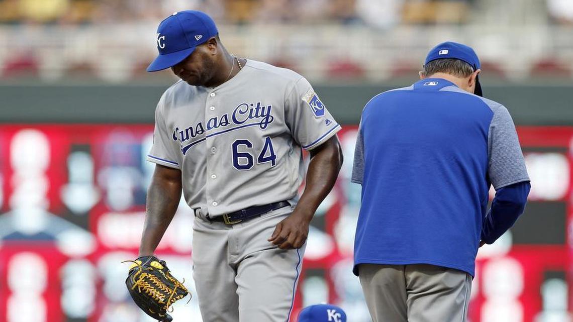Royals pitcher Onelki Garcia left the mound in the first inning after giving up four runs and getting only one out against the Twins in his first big-league start Saturday in Minneapolis.