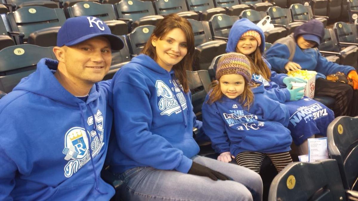 Scott Wilson, his wife Deb and their children were seated in and near the Buck O’Neil Legacy Seat, in honor of Noah, whose birthday would have been Wednesday. Noah’s siblings, from left, are Natalie, Kailey and Conner.
