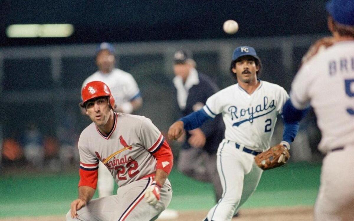 
St. Louis Cardinals runner Jack Clark was caught in a rundown in the ninth inning.

