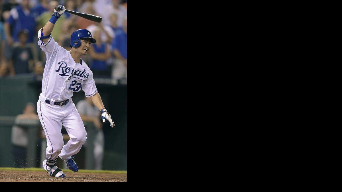 
Kansas City Royals' Norichika Aoki (23) grounds out to end the game in the ninth inning for a 2-1 win for the Detroit Tigers during Friday's baseball game on July 11, 2014 at Kauffman Stadium in Kansas City, Mo.

