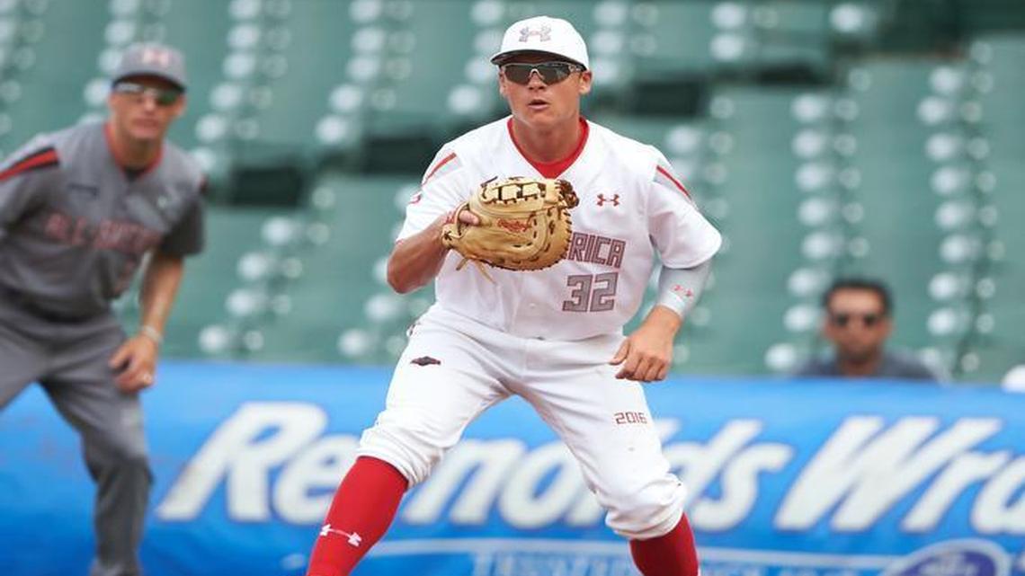 Nick Pratto of Huntington Beach High School in Huntington Beach, California played first base at the Under Armour All-American Game presented by Baseball Factory on July 23, 2016, at Wrigley Field in Chicago, Illinois.