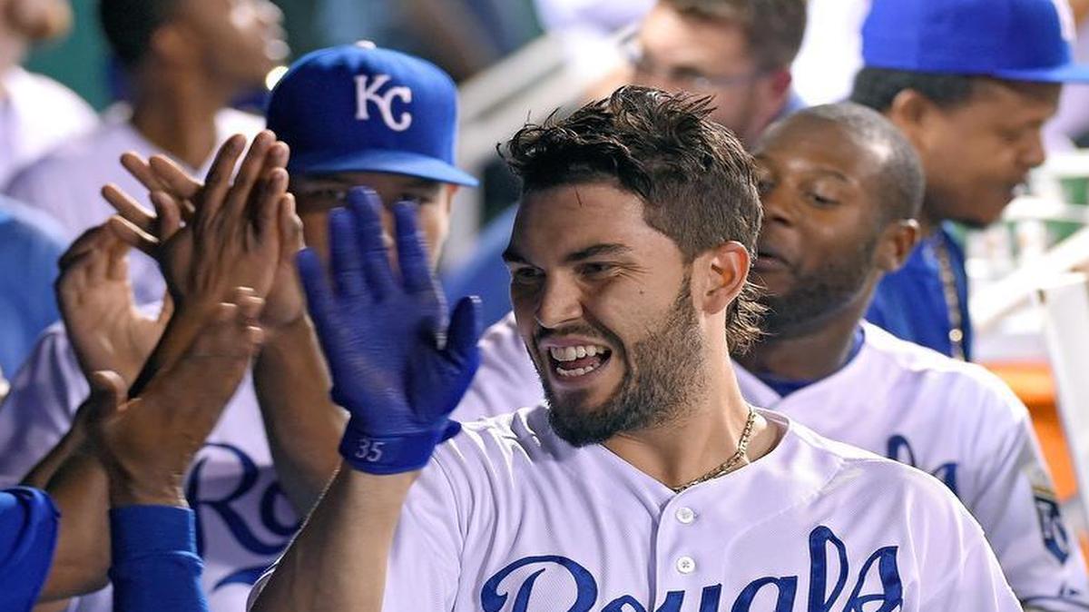
The Royals' Eric Hosmer (35) was congratulated after his a two-run homer during Friday's baseball game against the Angels at Kauffman Stadium.
