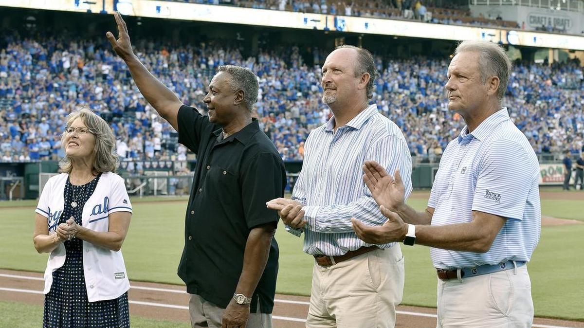 
The Royals’ Franchise Four celebration included (from left) Janie Quisenberry Stone, the widow of former Royals pitcher Dan Quisenberry, as well as Frank White, Bret Saberhagen and George Brett.
