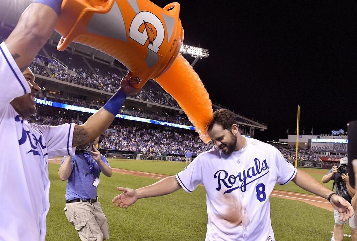 Mike Moustakas gets a Salvy Splash after a 9-7 victory over the Houston Astros this season at Kauffman Stadium.