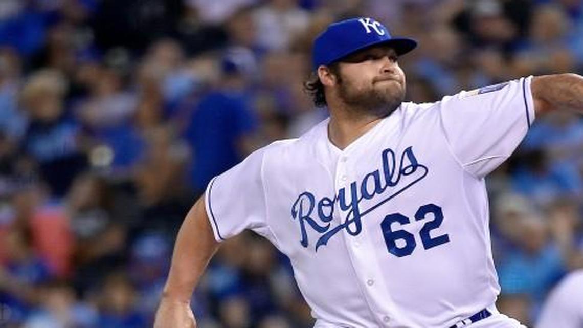
Royals relief pitcher Joba Chamberlain throws in the seventh inning of Monday's baseball game against the Twins at Kauffman Stadium.
