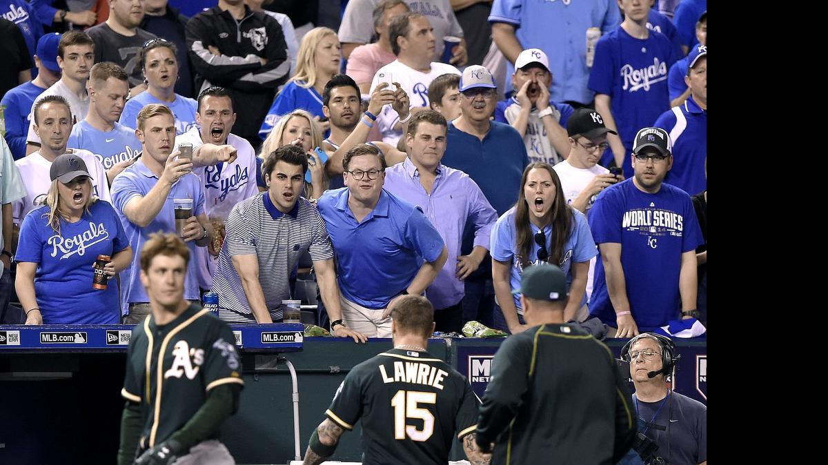 
Kansas City Royals fans yelled at Oakland’s Brett Lawrie as he left the first during a game on April 17.
