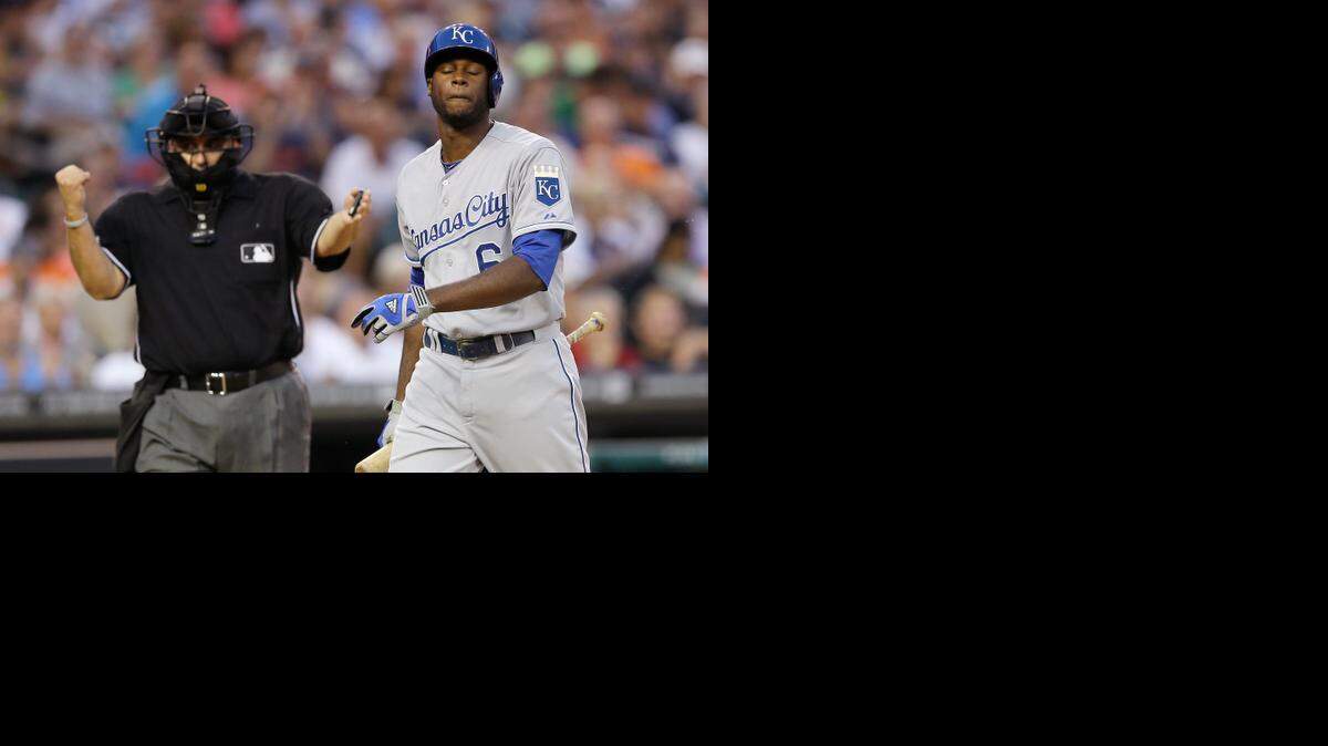 
The Royals’ Lorenzo Cain walked back to the dugout after home-plate umpire Eric Cooper called him out in the second inning against the Tigers on Tuesday night in Detroit.
