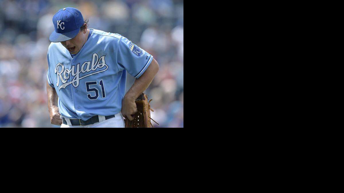 
Kansas City Royals starting pitcher Jason Vargas (51) yells to himself after being relieved in the ninth inning during Saturday's baseball game against the Seattle Mariners on June 21, 2014 at Kauffman Stadium in Kansas City, Mo.
