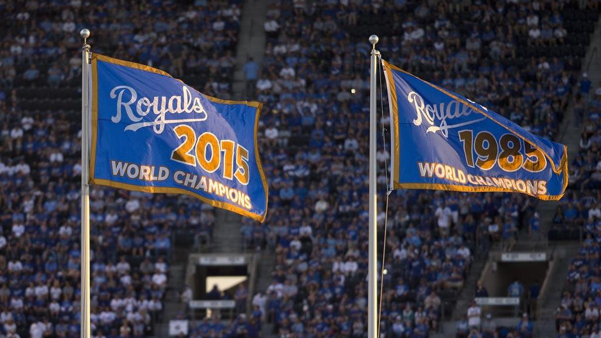 The Royals 2015 World Series championship flag was raised above their Hall of Fame before the opening game of the 2016 season at Kauffman Stadium.