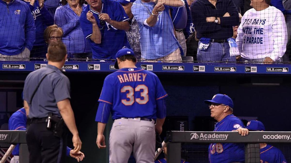 Fans appeared to be asking New York Mets starting pitcher Matt Harvey to go back to the mound as he walked to the dugout after giving up his third run of the evening in the sixth inning during the Royals’ Opening Day victory at Kauffman Stadium.