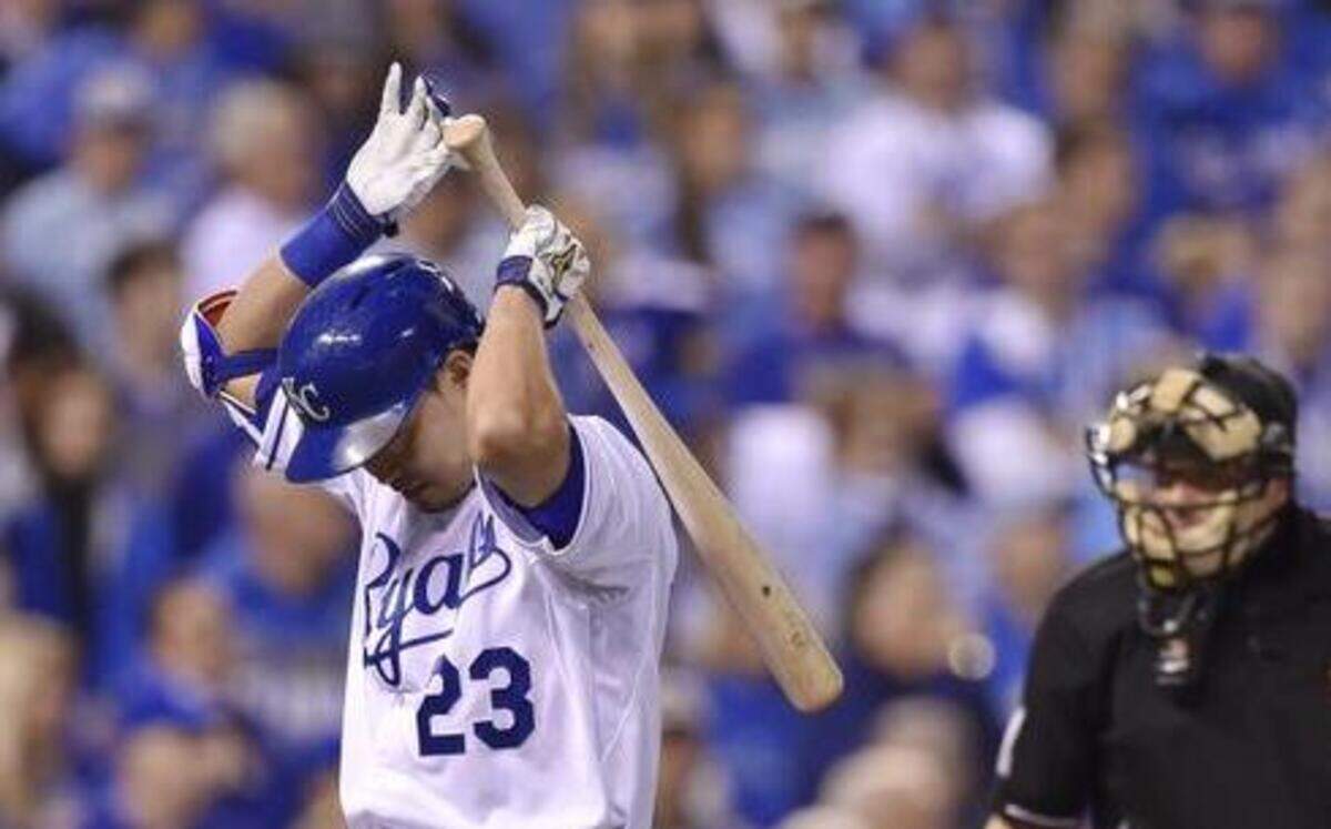 
Kansas City Royals right fielder Norichika Aoki was called out on strikes by umpire Jerry Meals during the third inning of game one of the Word Series against the San Francisco Giants on Tuesday at Kauffman Stadium in Kansas City, Mo.
