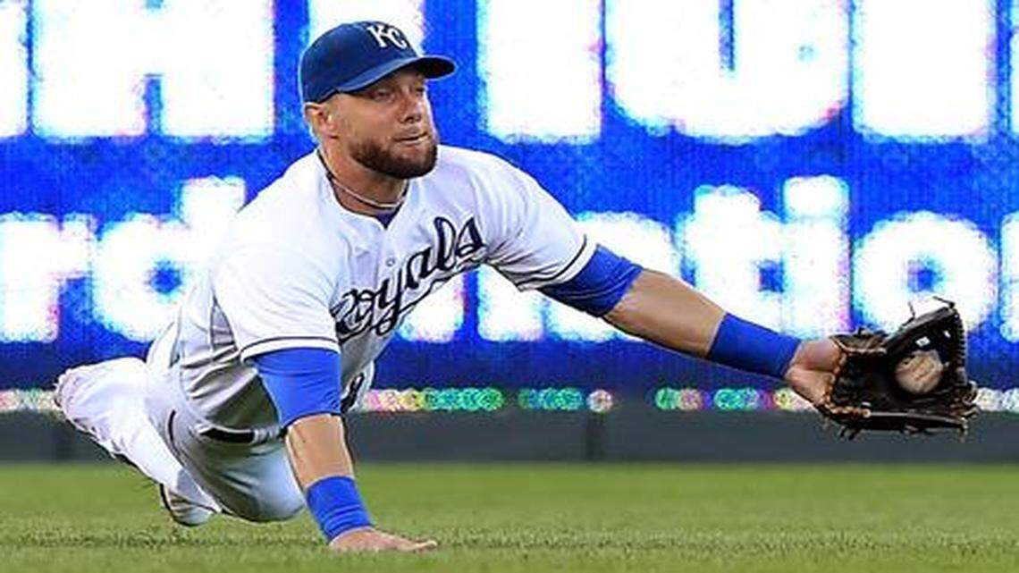 
Kansas City Royals left fielder Alex Gordon ran down a fly ball for an out during a game against Oakland on August 11, 2014, at Kauffman Stadium.
