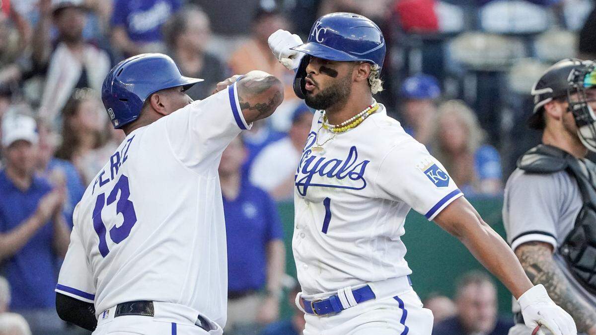 Kansas City Royals right fielder MJ Melendez (1) celebrates with catcher Salvador Perez (13) after hitting a two run home run against the Chicago White Sox in the fourth inning on Monday, May 8, 2023, at Kauffman Stadium.