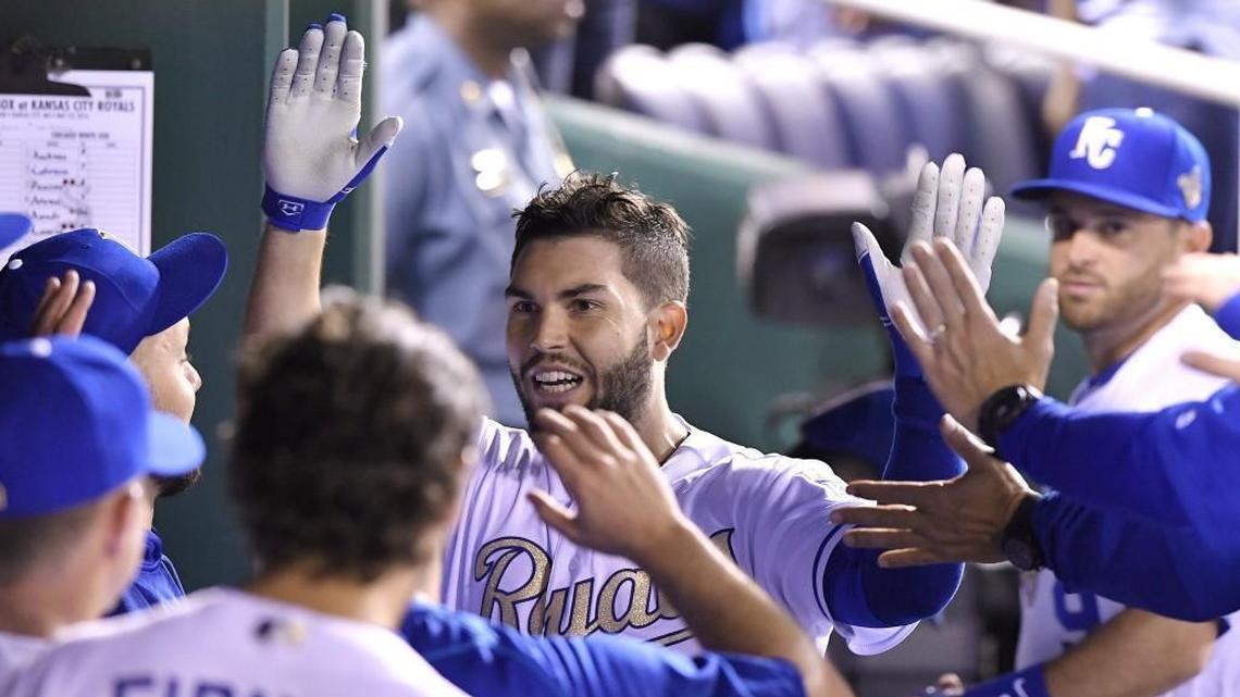 The Royals’ Eric Hosmer wass congratulated after his solo home run in the sixth inning during Friday's game against the Chicago White Sox at Kauffman Stadium.